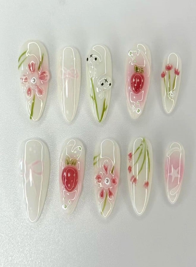 CJDLTS Flower Press on Nails Medium Almond Shaped 3D Cute Floral Blush Strawberry with Glossy Rabbit Pearl Stick on Nails Full Cover Artificial Acrylic Fingernails Glue on Nail for Women Manicure - Image 1